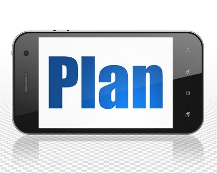 Finance concept: Smartphone with blue text Plan on display, 3D rendering