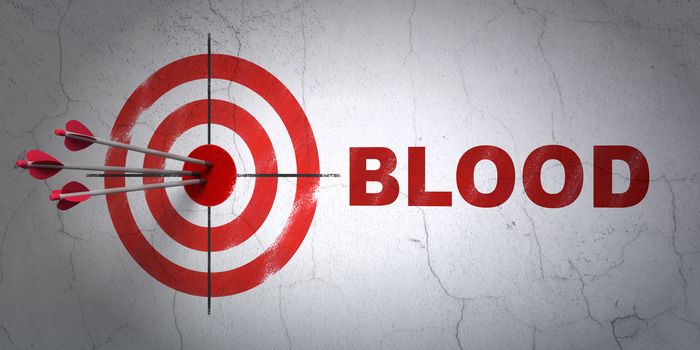 Success Health concept: arrows hitting the center of target, Red Blood on wall background, 3D rendering