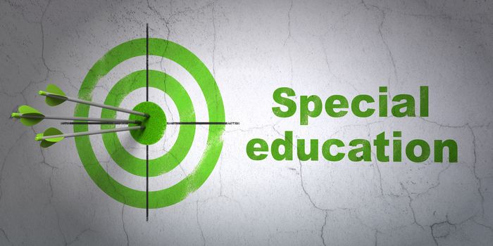 Success Learning concept: arrows hitting the center of target, Green Special Education on wall background, 3D rendering