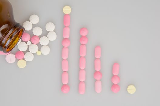 Colorful tablets place as bar graph and brown bottle on white background.