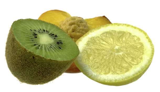 Peach, Kiwi and Lemon isolated on white background