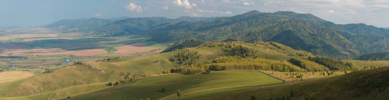 Beauty day in the mountains in Altay, panoramic picture