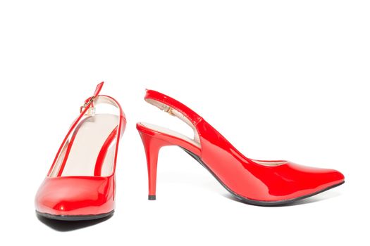 The photo shows women's red high-heeled shoes