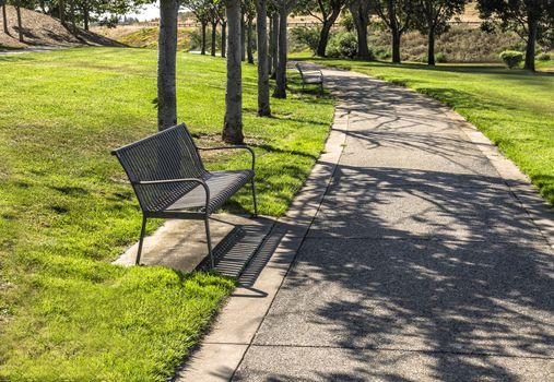 Park bench near Google Headquarters, located in Mountain View, California.