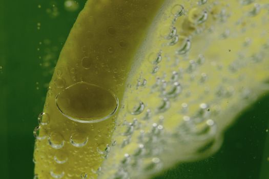 Slice Of Lemon In Mineral Water Bubbles On Green Background