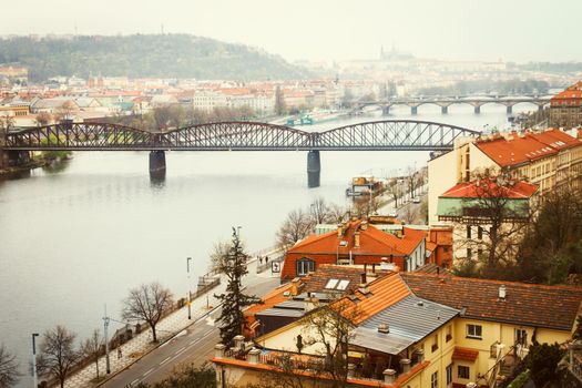Vltava river view of Prague city with bridges