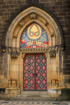 Entrance door of the neo-Gothic Saint Peter and Paul Cathedral in Vysehrad fortress. Prague