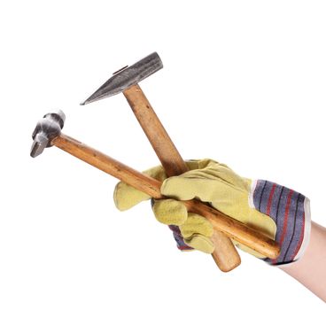 Hammer in man's hand on white isolated