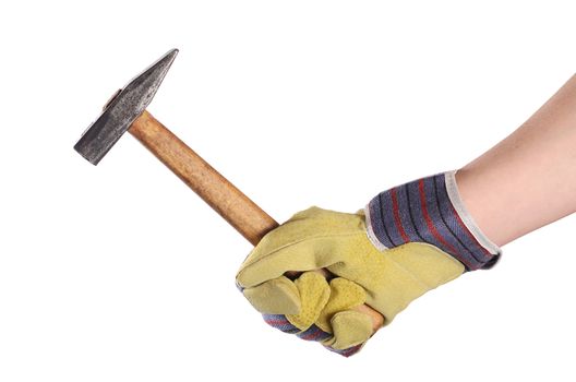 Hammer in man's hand on white isolated