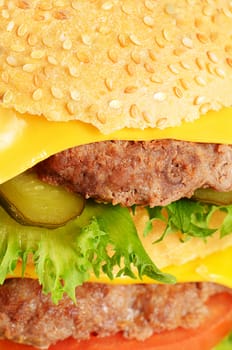 Hamburger with cutlet and cheese on white