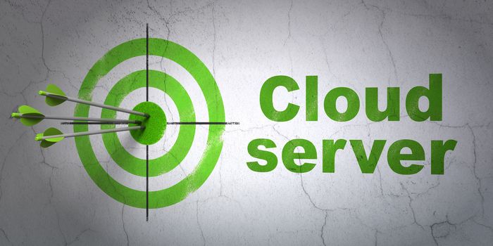 Success cloud networking concept: arrows hitting the center of target, Green Cloud Server on wall background, 3D rendering