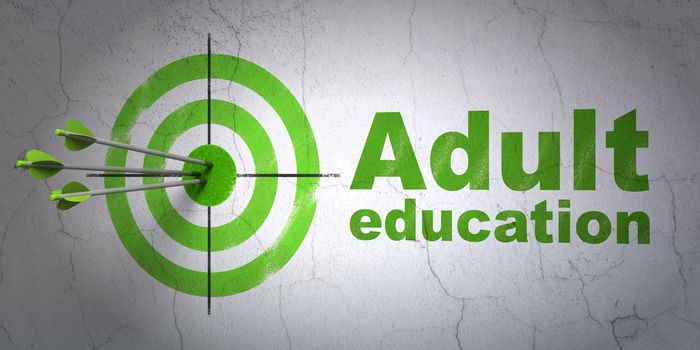 Success Education concept: arrows hitting the center of target, Green Adult Education on wall background, 3D rendering
