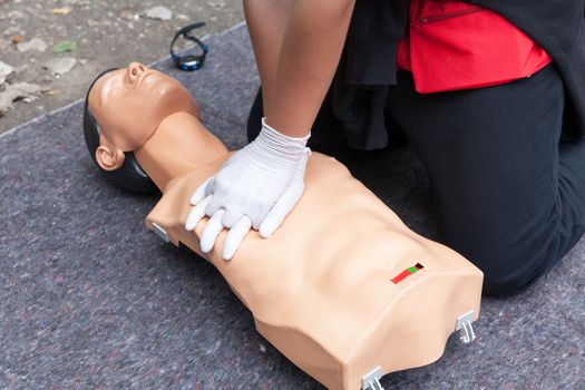 Cardiopulmonary resuscitation - CPR. First aid training detail. Heart massage.