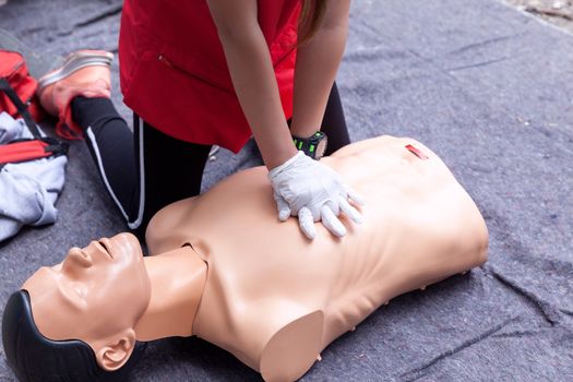 Cardiopulmonary resuscitation - CPR. First aid training detail. Heart massage.