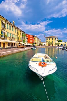 Lazise colorful harbor and boats view, Lago di Garda, Veneto region of Italy