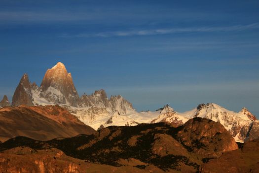 Fitz Roy and Cerro Torre mountainline at sunrise, Los Glaciares National Park, El Challten, Patagonia, Argentina