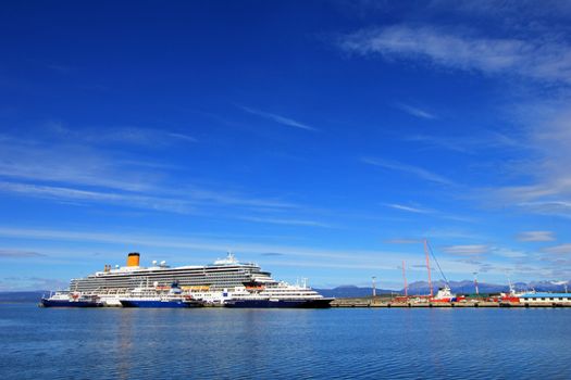 Cruise ship at harbor of Ushuaia, southermost city in the world and the capital of Tierra del Fuego, Argentina.