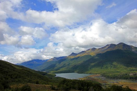 Autumn colored landscape near Fagnano lake along the road to Puerto Williams, Tierra Del Fuego, Patagonia, Chile