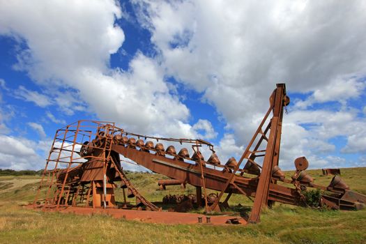 Abandoned gold dredge, near Lake Blanco, the english mechanical dredge was engaged in gold mining from 1904 to 1910, Tierra Del Fuego, Patagonia, Chile