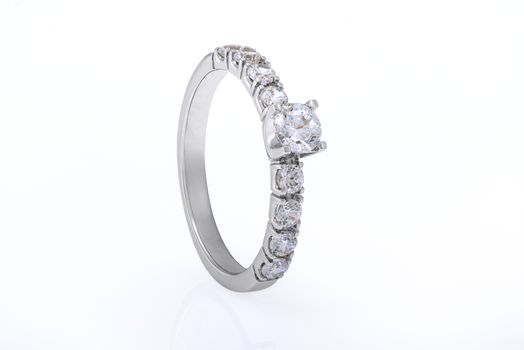 White Gold Wedding, Engagement Ring Jewellery with Diamonds on White Background