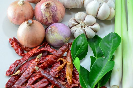 Ingredients of Tom Yam on  Thaifood Wood surface