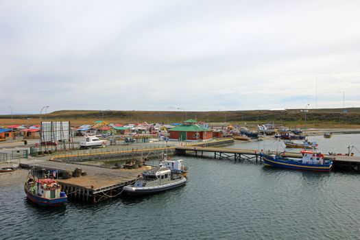View of boats in the port of Porvenir, Tierra Del Fuego, Patagonia, Chile