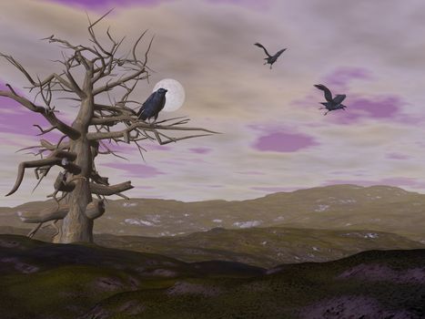 Dead tree with crows raven by night with full moon - 3D render