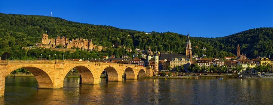 Karl Theodor or old bridge, Alte Brucke, Neckar river and castle by day, Heidelberg, Germany