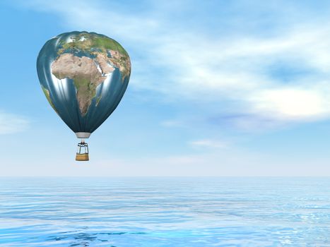 One hot air balloon with earth map upon water by blue day - 3D render
