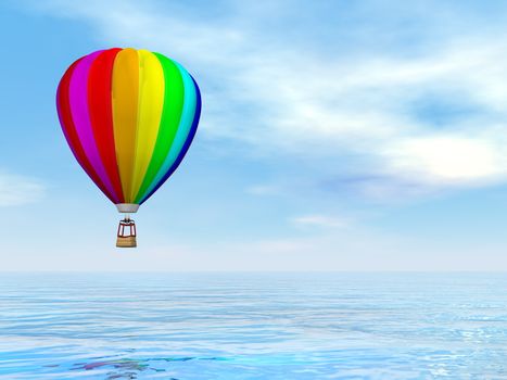 One colorful hot air balloon flying upon water by blue day - 3D render