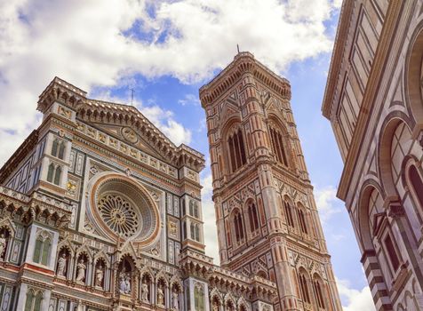 Giotto's bell tower and Cathedral Santa Maria del Fiore, Duomo, by day in Florence, Tuscany, Italy