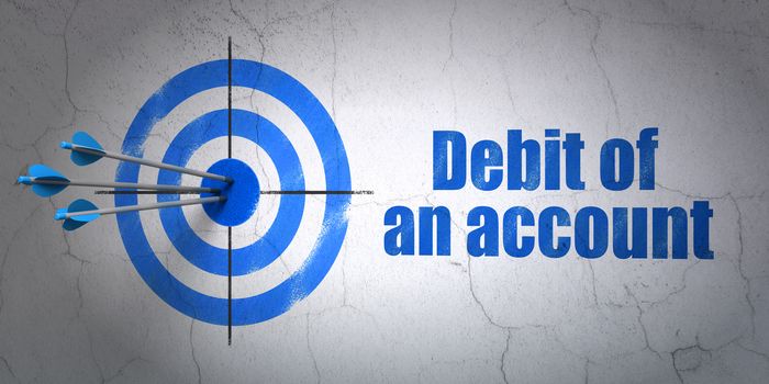 Success banking concept: arrows hitting the center of target, Blue Debit of An account on wall background, 3D rendering