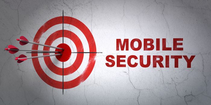 Success privacy concept: arrows hitting the center of target, Red Mobile Security on wall background, 3D rendering