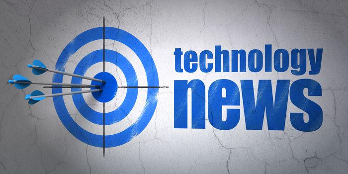 Success news concept: arrows hitting the center of target, Blue Technology News on wall background, 3D rendering