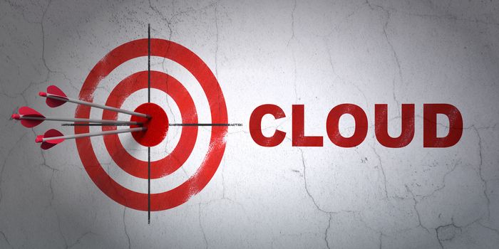 Success cloud computing concept: arrows hitting the center of target, Red Cloud on wall background, 3D rendering