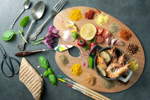 Food palette with fresh ingredients including herbs and spices