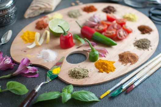 Food palette with fresh herbs and spices 