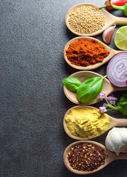 Fresh herbs and spices in wooden spoons kitchen worktop background 