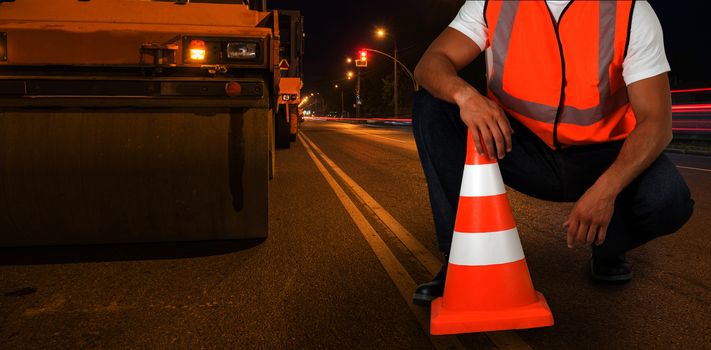 repairing the road in the night city