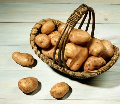 Arrangement of Perfect Raw New Yellow Potato in Wicker Basket closeup on Wooden background with Shadows