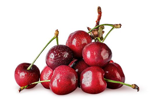 Heap of sweet cherry wet isolated on white background