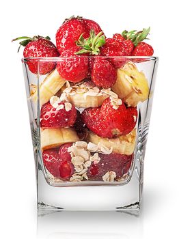 Strawberry and banana in glass isolated on white background