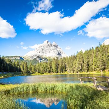 The famous UNESCO site, Tre Cime di Lavaredo in Italy, from the base of the mountains.