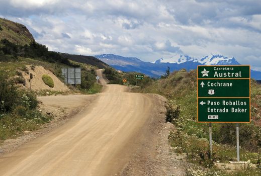 Carretera Austral highway, ruta 7, with road sign, Patagonia Chile