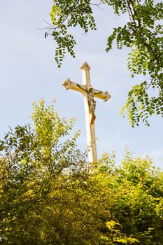 Great cross of Jesus Christ in the woods in the department of the Meuse in France
