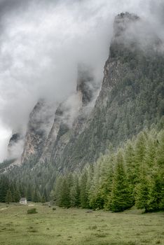 Green valley and clouds over the top of the mountains of Vallunga in a rainy summer day, italian alps