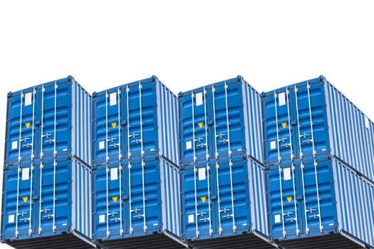 A stack of six blue sea container isolated on white background
