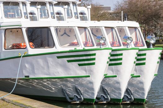 Front View,Sightseeing boat of the White Fleet at berth in Mülheim, Germany.