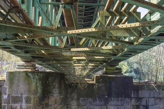 Railway bridge of steel for pedestrians and cyclists on the Ruhr in Essen Kupferdreh.