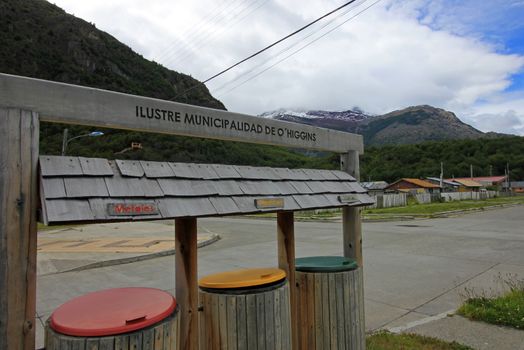 Garbage cans in Villa O'Higgins, Carretera Austral, Patagonia, Chile